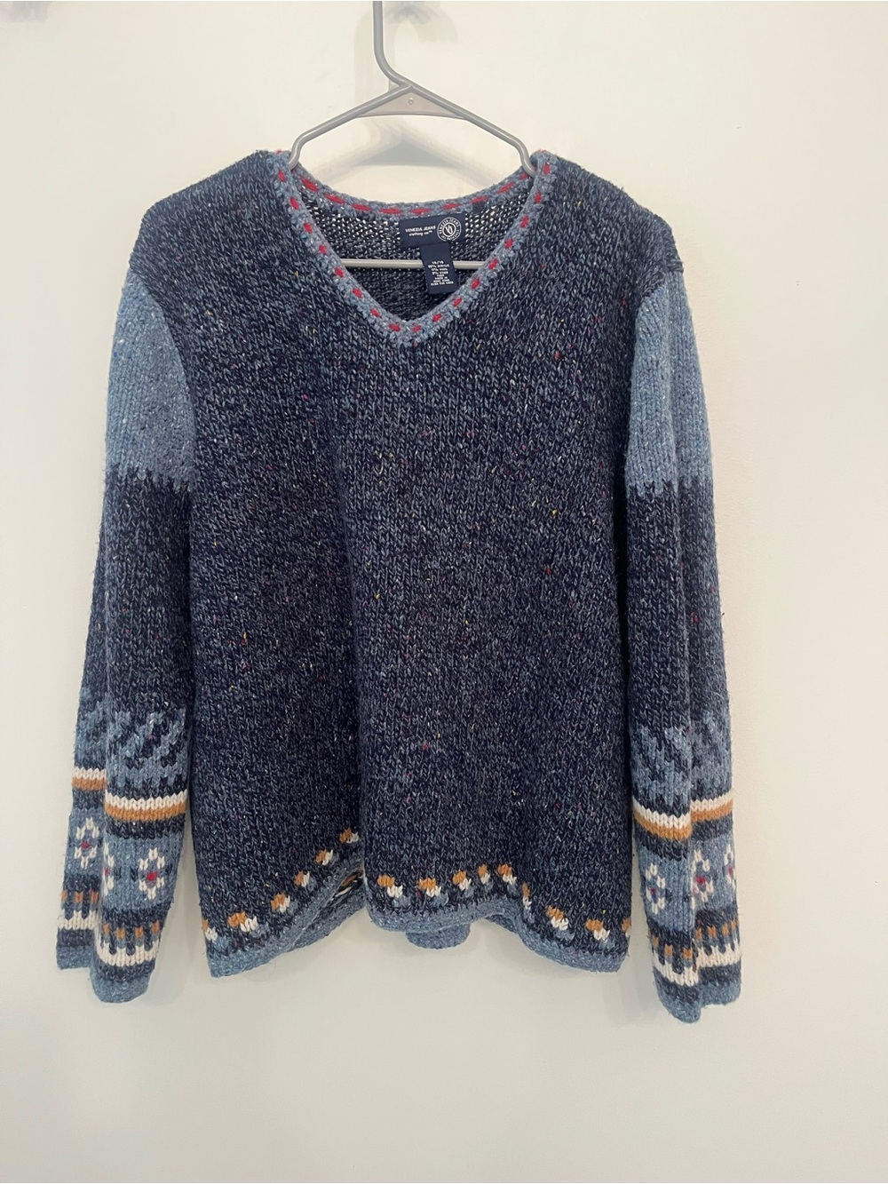 Venezia Cottage Core Navy Fair Isle V-Neck Sweater with Light Blue Accents